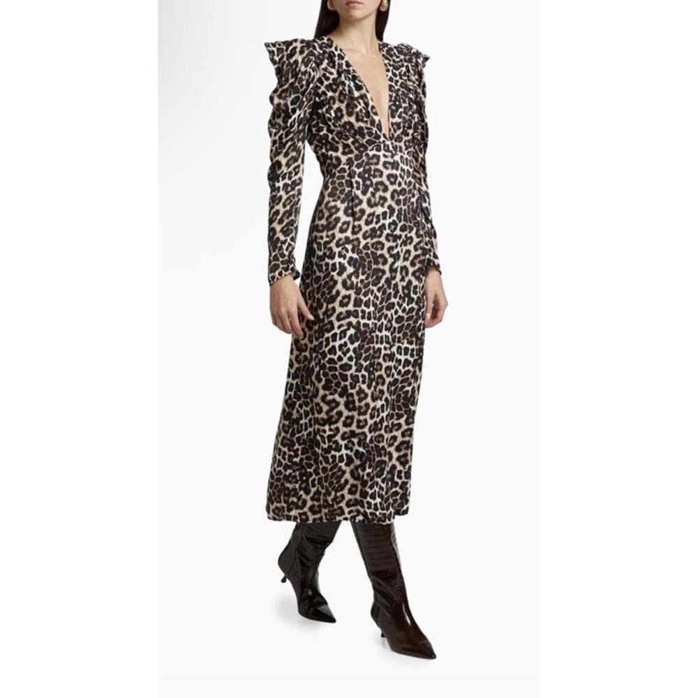 New Farm Rio Leopard V-Neck Midi-Dress In Natural Cream Size M $230 - Picture 2 of 14